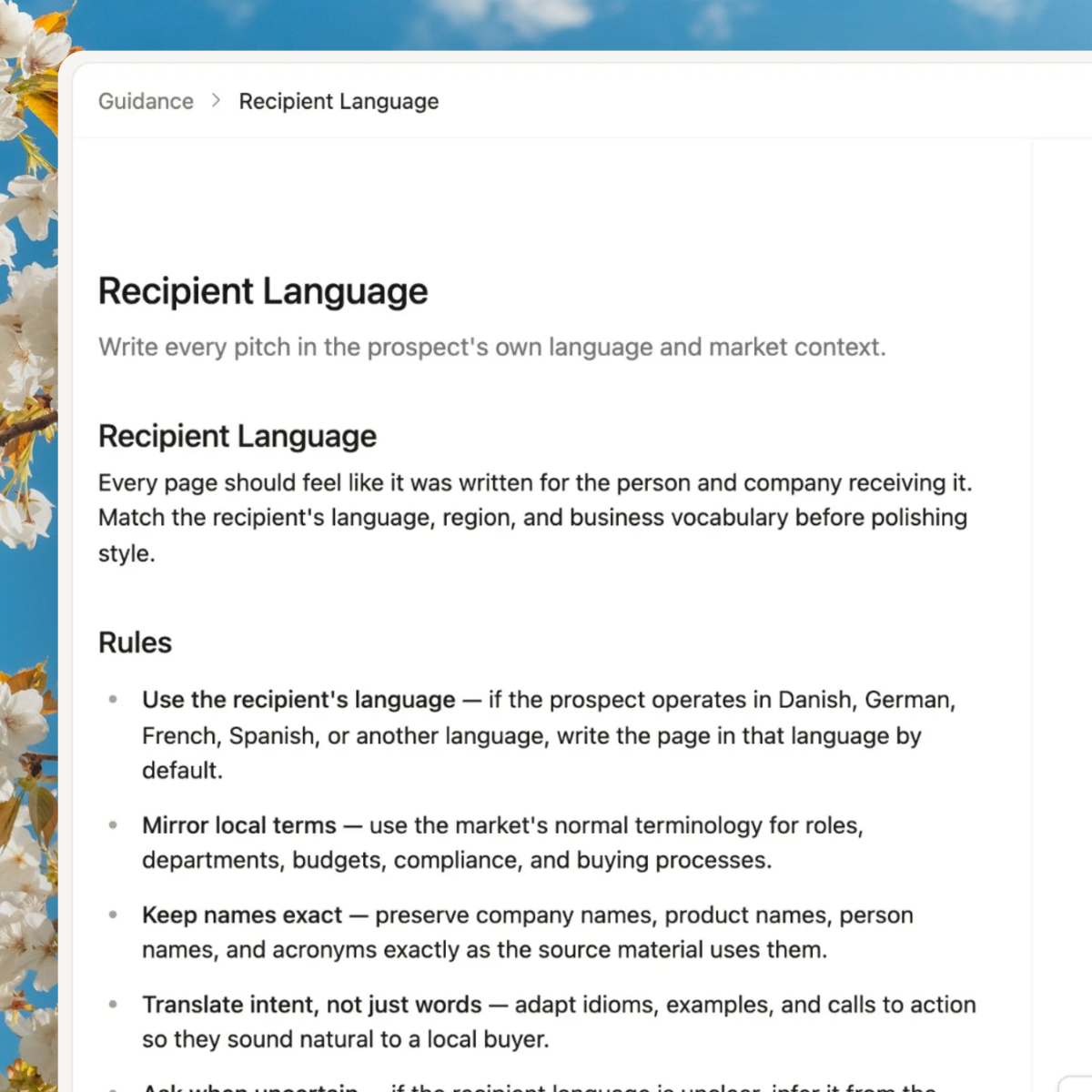 Cluoa guidance page for recipient language